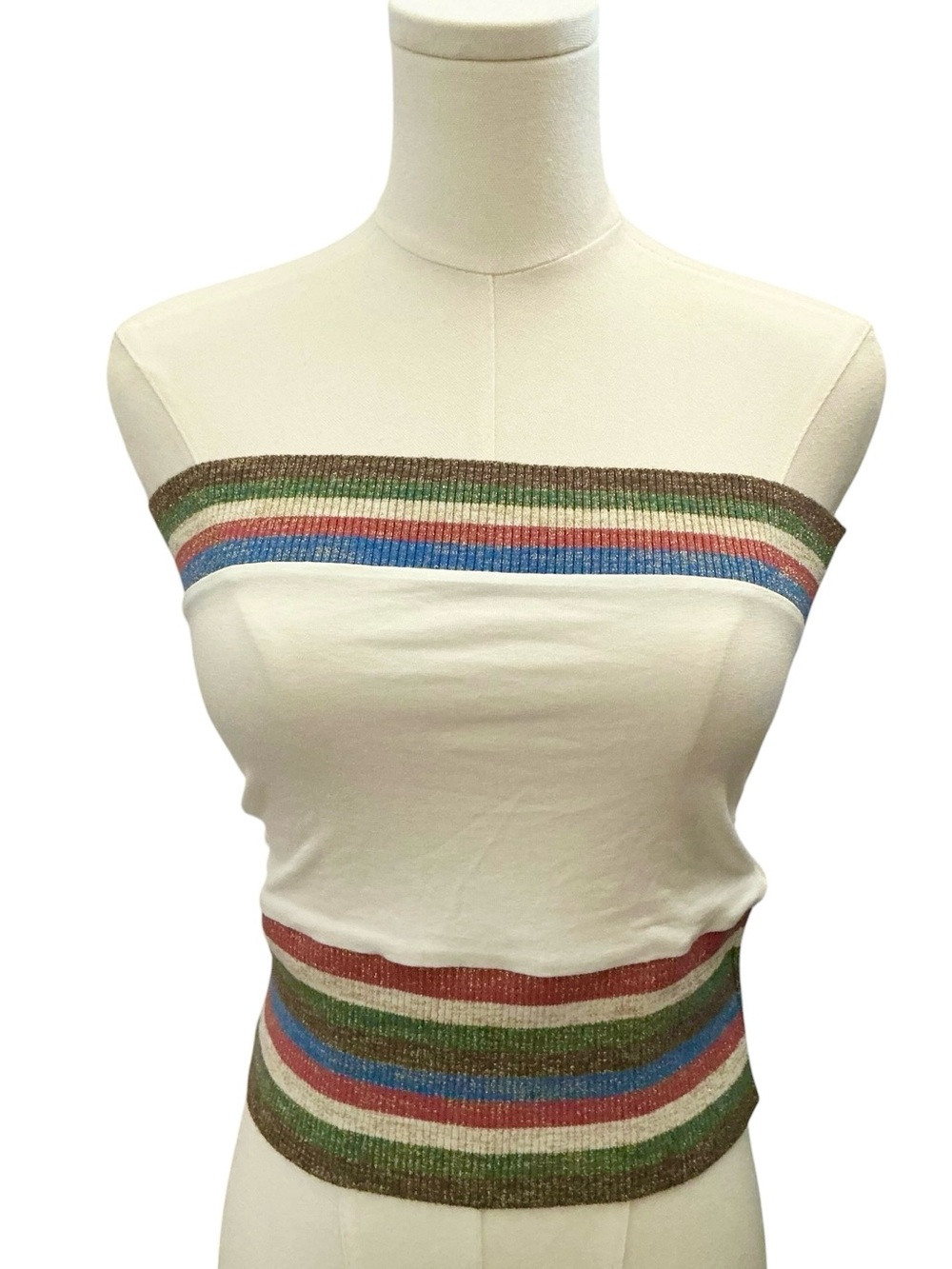 Free People Ivory Strapless Ribbed Crop Top with Multi-Color Stripes - Picture 4 of 8